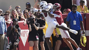 Oct 12, 2024; Tuscaloosa, Alabama, USA; South Carolina Gamecocks wide receiver Nyck Harbor (8) makes a catch for a touchdown with Alabama Crimson Tide defensive back DaShawn Jones (7) defending at Bryant-Denny Stadium. Alabama defeated South Carolina 27-25. Mandatory Credit: Gary Cosby Jr.-Imagn Images