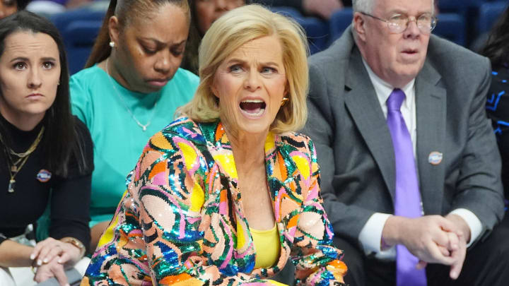 LSU Tigers head Ccoach Kim Mulkey yells to her players on the court during the first half against the UCLA Bruins in the semifinals of the Albany Regional of the 2024 NCAA Tournament at MVP Arena. 