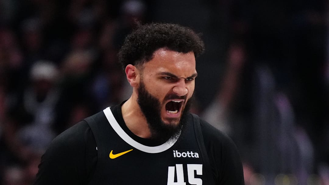 Apr 10, 2026; Denver, Colorado, USA; Denver Nuggets forward David Roddy (45) reacts to his three point score in the second half against the Oklahoma City Thunder at Ball Arena. Mandatory Credit: Ron Chenoy-Imagn Images