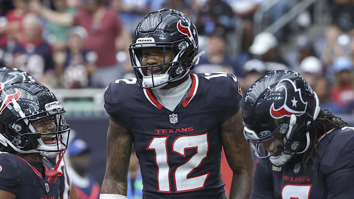 Nov 24, 2024; Houston, Texas, USA; Houston Texans wide receiver Nico Collins (12) celebrates with quarterback C.J. Stroud (7) and wide receiver John Metchie III (8) after a touchdown during the second quarter against the Tennessee Titans at NRG Stadium. Mandatory Credit: Troy Taormina-Imagn Images Nov 24, 2024; Houston, Texas, USA; Houston Texans wide receiver Nico Collins (12) celebrates with quarterback C.J. Stroud (7) and wide receiver John Metchie III (8) after a touchdown during the second quarter against the Tennessee Titans at NRG Stadium. Mandatory Credit: Troy Taormina-Imagn Images
