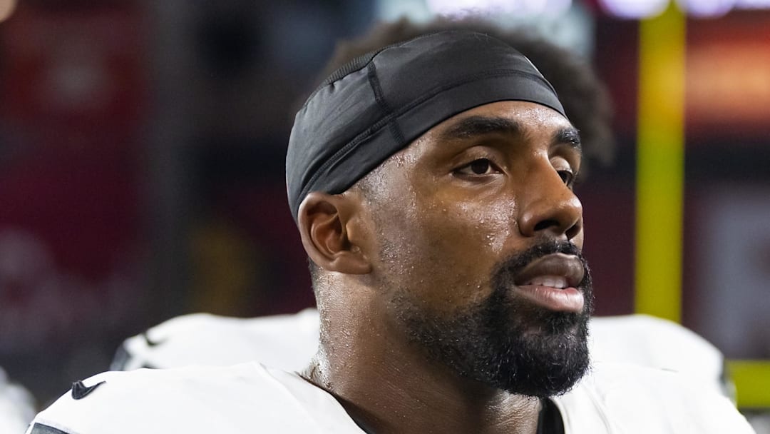 Aug 23, 2025; Glendale, Arizona, USA; Las Vegas Raiders defensive tackle Thomas Booker IV (47) against the Arizona Cardinals during a preseason NFL game at State Farm Stadium. Mandatory Credit: Mark J. Rebilas-Imagn Images