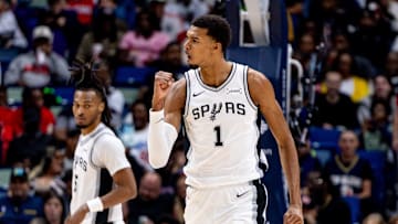 Oct 24, 2025; New Orleans, Louisiana, USA;  San Antonio Spurs forward/center Victor Wembanyama (1) reacts to a play against the New Orleans Pelicans during the second half at Smoothie King Center. Mandatory Credit: Stephen Lew-Imagn Images