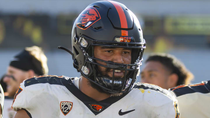 Nov 19, 2022; Tempe, Arizona, USA; Oregon State Beavers offensive lineman Joshua Gray (67) against the Arizona State Sun Devils at Sun Devil Stadium. Mandatory Credit: Mark J. Rebilas-USA TODAY Sports