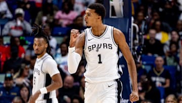 Oct 24, 2025; New Orleans, Louisiana, USA;  San Antonio Spurs forward/center Victor Wembanyama (1) reacts to a play against the New Orleans Pelicans during the second half at Smoothie King Center. Mandatory Credit: Stephen Lew-Imagn Images