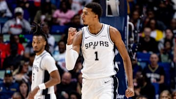 Oct 24, 2025; New Orleans, Louisiana, USA;  San Antonio Spurs forward/center Victor Wembanyama (1) reacts to a play against the New Orleans Pelicans during the second half at Smoothie King Center. Mandatory Credit: Stephen Lew-Imagn Images