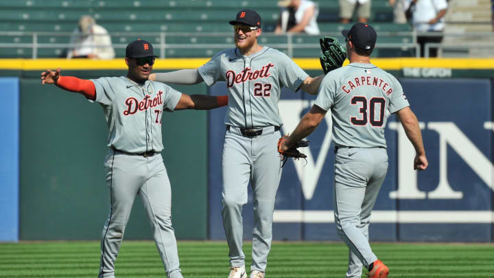 Aug 25, 2024; Chicago, Illinois, USA; The Detroit Tigers celebrate after defeating the Chicago White Sox at Guaranteed Rate Field. 