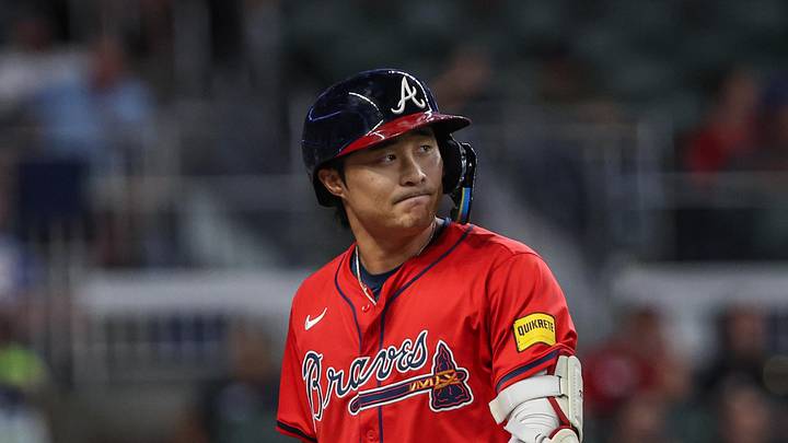 Sep 26, 2025; Cumberland, Georgia, USA; Atlanta Braves shortstop Ha-Seong Kim (9) rates after striking out agains the Pittsburgh Pirates during the fourth inning at Truist Park. Mandatory Credit: Jordan Godfree-Imagn Images