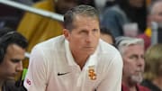 Nov 4, 2024; Los Angeles, California, USA; Southern California Trojans head coach Eric Musselman reacts against the Chattanooga Mocs in the second half at Galen Center. Mandatory Credit: Kirby Lee-Imagn Images