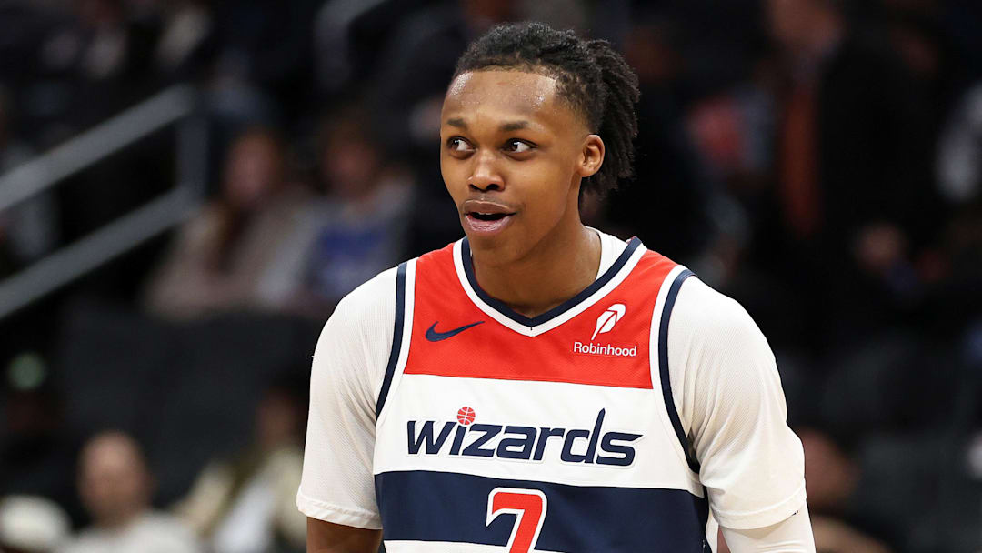 Jan 6, 2026; Washington, District of Columbia, USA; Washington Wizards guard Bub Carrington (7) reacts to a call during the second half against the Orlando Magic at Capital One Arena. Mandatory Credit: Daniel Kucin Jr.-Imagn Images