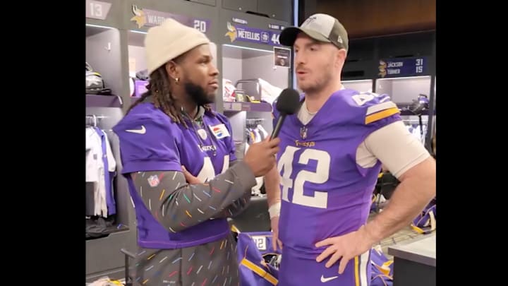 Minnesota Vikings safety Josh Metullus interviewing long snapper Andrew DePaola. Minnesota Vikings safety Josh Metullus interviewing long snapper Andrew DePaola.