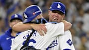 Oct 20, 2024; Los Angeles, California, USA; Los Angeles Dodgers pitcher Blake Treinen (49) celebrates with catcher Will Smith (16) after the final out to defeat the New York Mets in game six of the NLCS for the 2024 MLB playoffs at Dodger Stadium. 