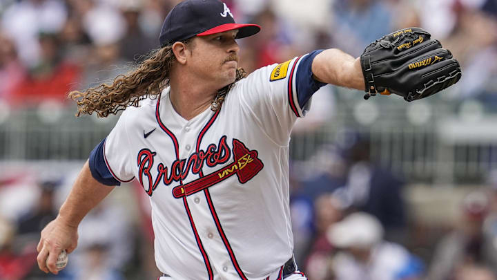 Mar 29, 2026; Cumberland, Georgia, USA; Atlanta Braves pitcher Grant Holmes (66) pitches against the Kansas City Royals during the first inning at Truist Park.