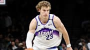 Dec 4, 2025; Brooklyn, New York, USA; Utah Jazz forward Lauri Markkanen (23) dribbles the ball against the Brooklyn Nets during the fourth quarter at Barclays Center. Mandatory Credit: Tom Horak-Imagn Images