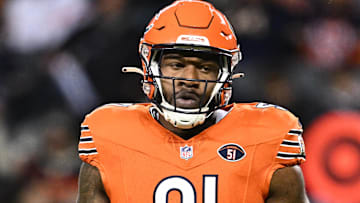 Former Chicago Bears defensive lineman Yannick Ngakoue (91) takes a breather during a game against the Carolina Panthers at Soldier Field.