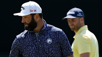 Jon Rahm and Wyndham Clark during the first round of the 2025 Masters at Augusta National Golf Club