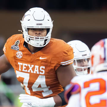 Dec 21, 2024; Austin, Texas, USA; Texas Longhorns offensive lineman Trevor Goosby (74) against the Clemson Tigers during the CFP National playoff first round at Darrell K Royal-Texas Memorial Stadium. Mandatory Credit: Mark J. Rebilas-Imagn Images