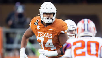 Dec 21, 2024; Austin, Texas, USA; Texas Longhorns offensive lineman Trevor Goosby (74) against the Clemson Tigers during the CFP National playoff first round at Darrell K Royal-Texas Memorial Stadium. Mandatory Credit: Mark J. Rebilas-Imagn Images