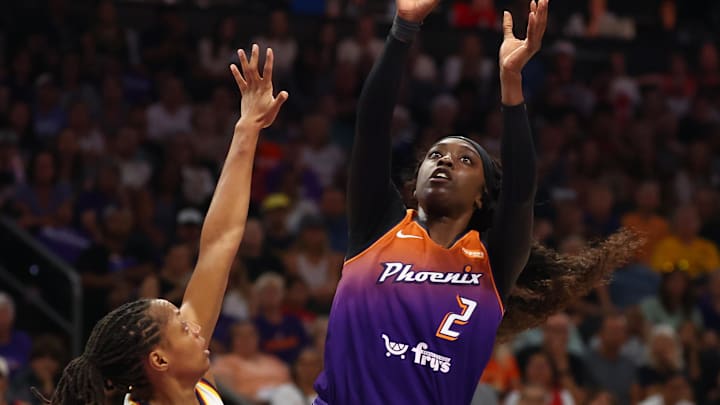 Aug 7, 2025; Phoenix, Arizona, USA; Phoenix Mercury guard Kahleah Copper (2) against the Indiana Fever during WNBA game at PHX Arena. Mandatory Credit: Mark J. Rebilas-Imagn Images
