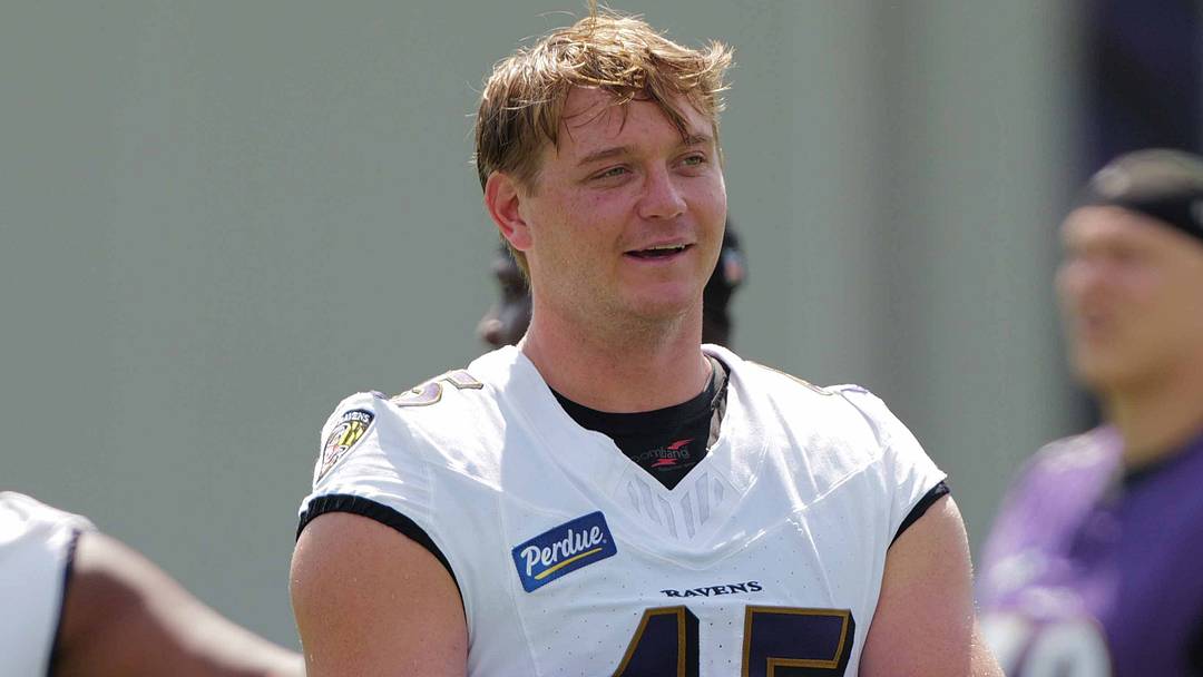 Jul 29, 2026; Ownings Mills, MD, USA; Baltimore Ravens linebacker Ethan Burke (45) during practice at the Under Armour Performance Center. Mandatory Credit: Mitch Stringer-Imagn Images
