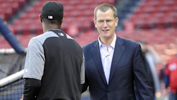 May 2, 2017; Boston, MA, USA; Boston Red Sox executive vice president and coo Sam Kennedy talks with