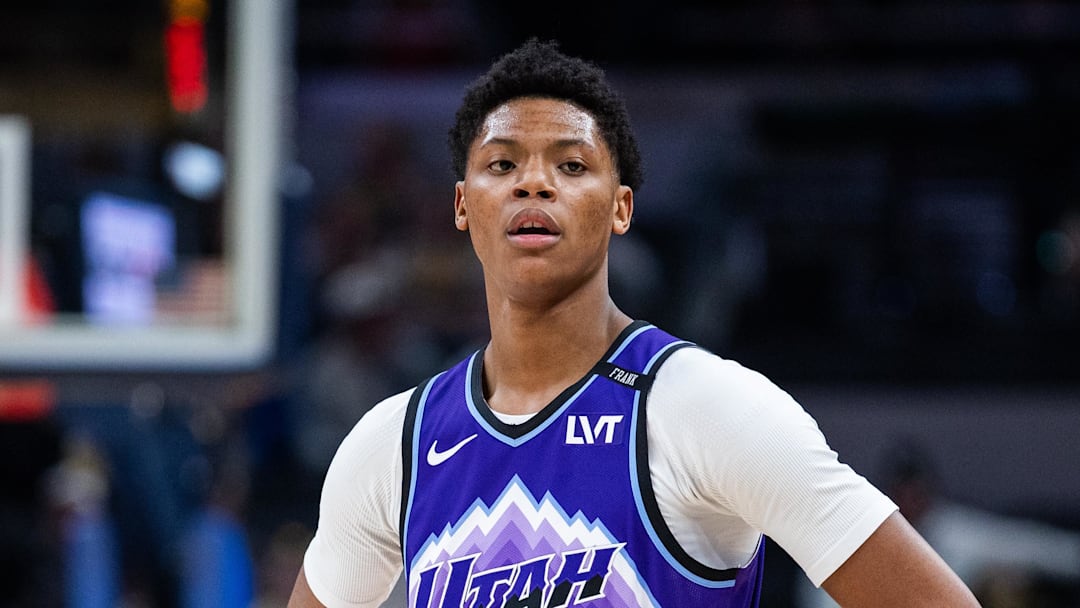 Feb 3, 2026; Indianapolis, Indiana, USA; Utah Jazz forward Ace Bailey (19) in the first half against the Indiana Pacers at Gainbridge Fieldhouse. Mandatory Credit: Trevor Ruszkowski-Imagn Images