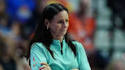 Aug 3, 2025; Uncasville, Connecticut, USA; New York Liberty head coach Sandy Brondello watches from the sideline as they take on the Connecticut Sun at Mohegan Sun Arena. Mandatory Credit: David Butler II-Imagn Images