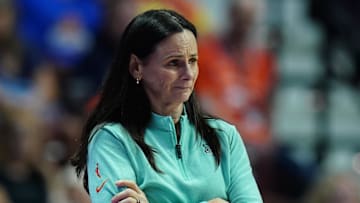 Aug 3, 2025; Uncasville, Connecticut, USA; New York Liberty head coach Sandy Brondello watches from the sideline as they take on the Connecticut Sun at Mohegan Sun Arena. Mandatory Credit: David Butler II-Imagn Images
