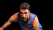 Oklahoma forward Chet Holmgren (7) poses for a photo shoot during Thunder media day at Paycom Center in Oklahoma City on Monday, Sept. 29, 2025.