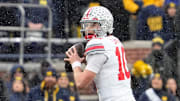 Ohio State Buckeyes quarterback Julian Sayin (10) looks to pass during the NCAA football game against the Michigan Wolverines at Michigan Stadium in Ann Arbor, Mich. on Nov. 29, 2025. Ohio State won 27-9.