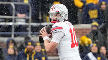 Ohio State Buckeyes quarterback Julian Sayin (10) looks to pass during the NCAA football game against the Michigan Wolverines at Michigan Stadium in Ann Arbor, Mich. on Nov. 29, 2025. Ohio State won 27-9.