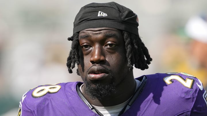 Aug 24, 2024; Green Bay, Wisconsin, USA;  Baltimore Ravens safety Sanoussi Kane (28) following the game against the Green Bay Packers at Lambeau Field. Mandatory Credit: Jeff Hanisch-USA TODAY Sports