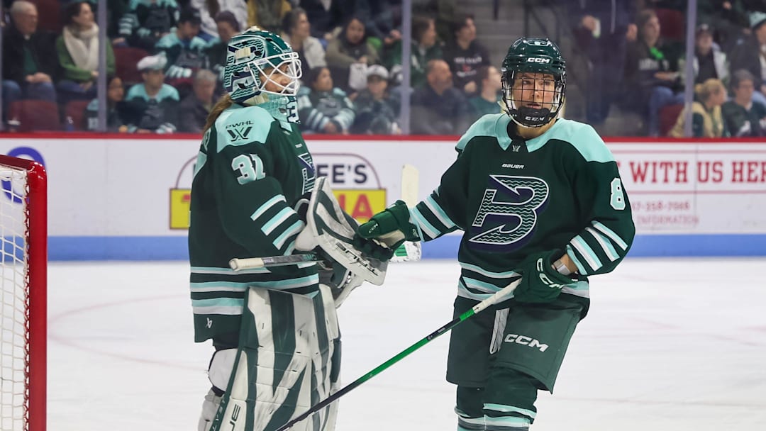 Boston Fleet goaltender Aerin Frankel and Hailey Winn during a game vs. Toronto at Agganis Arena at Boston University on Tuesday, March 17, 2026.