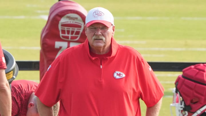 Jul 26, 2024; Kansas City, MO, USA; Kansas City Chiefs head coach Andy Reid watches drills during training camp at Missouri Western State University. Mandatory Credit: Denny Medley-USA TODAY Sports