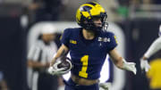 Jan 8, 2024; Houston, TX, USA; Michigan Wolverines wide receiver Roman Wilson (1) against the Washington Huskies during the 2024 College Football Playoff national championship game at NRG Stadium. Mandatory Credit: Mark J. Rebilas-USA TODAY Sports