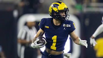 Jan 8, 2024; Houston, TX, USA; Michigan Wolverines wide receiver Roman Wilson (1) against the Washington Huskies during the 2024 College Football Playoff national championship game at NRG Stadium. Mandatory Credit: Mark J. Rebilas-USA TODAY Sports