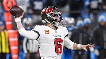Tampa Bay Buccaneers quarterback Baker Mayfield throws during the second half against the Carolina Panthers.