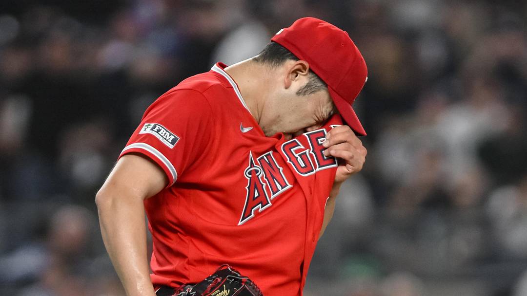 Apr 13, 2026; Bronx, New York, USA; Los Angeles Angels pitcher Yusei Kikuchi (16) reacts after giving up a base on balls to New York Yankees catcher Austin Wells (not pictured) during the second inning at Yankee Stadium. Mandatory Credit: John Jones-Imagn Images