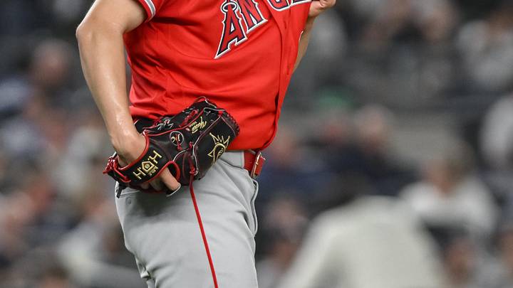 Apr 13, 2026; Bronx, New York, USA; Los Angeles Angels pitcher Yusei Kikuchi (16) reacts after giving up a base on balls to New York Yankees catcher Austin Wells (not pictured) during the second inning at Yankee Stadium. Mandatory Credit: John Jones-Imagn Images