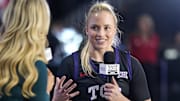 TCU Horned Frogs guard Hailey Van Lith talks with reporter Hannah Wing during the Big 12 Women’s Basketball Media Day.