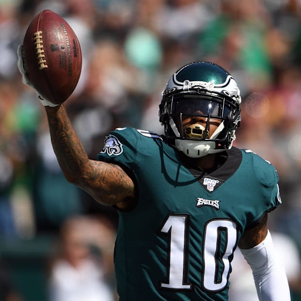 Sep 8, 2019; Philadelphia, PA, USA; Philadelphia Eagles wide receiver DeSean Jackson (10) celebrates his touchdown catch in t
