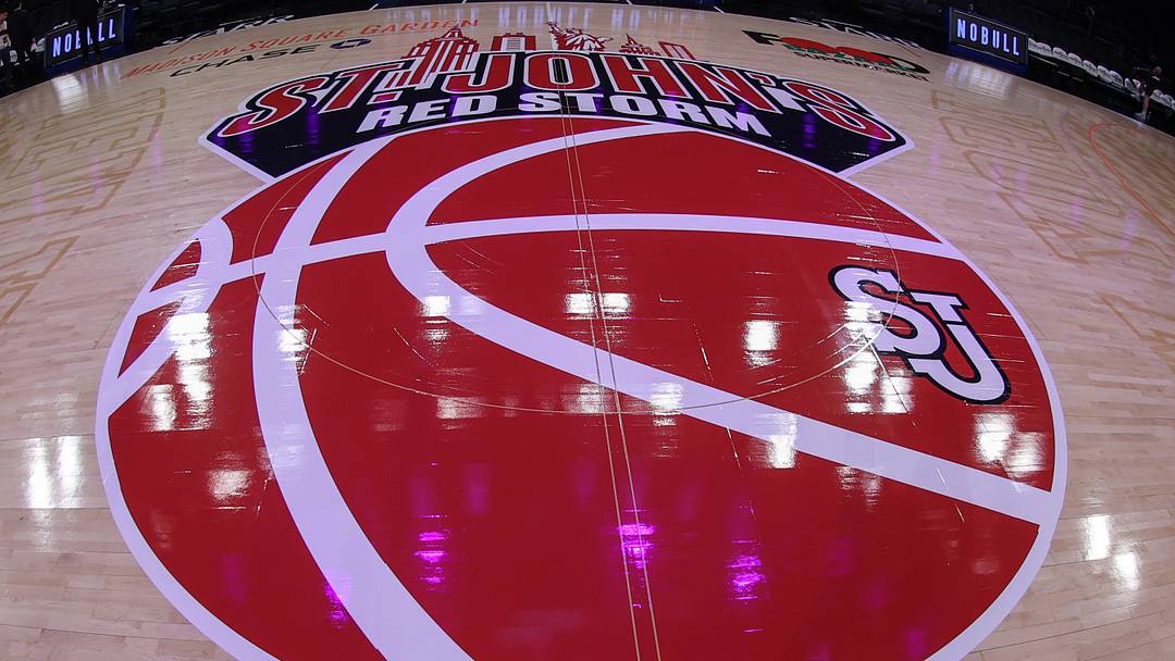 Jan 3, 2026; New York, New York, USA;  The center court logo for the St. John's Red Storm at Madison Square Garden. Mandatory Credit: Wendell Cruz-Imagn Images