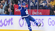 Nov 24, 2024; Toronto, Ontario, CAN;  Toronto Maple Leafs forward Mitch Marner (16) celebrates after scoring a goal against the Utah Hockey Club in the second period at Scotiabank Arena. Mandatory Credit: Dan Hamilton-Imagn Images