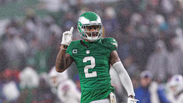 Nov 26, 2023; Philadelphia, Pennsylvania, USA; Philadelphia Eagles cornerback Darius Slay (2) reacts after breaking up a pass play against the Buffalo Bills during the second quarter at Lincoln Financial Field. Mandatory Credit: Bill Streicher-Imagn Images