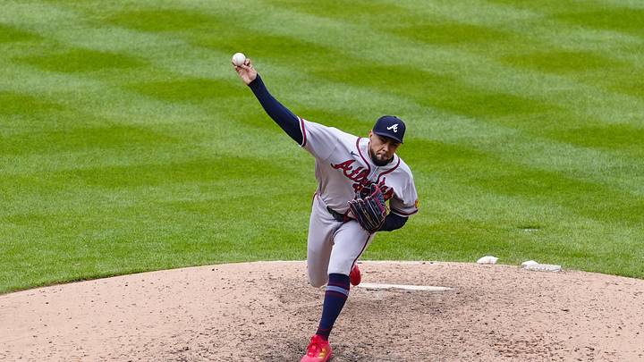 May 3, 2026; Denver, Colorado, USA; Atlanta Braves relief pitcher Robert Suarez (75) delivers a pitch in the ninth inning against the Colorado Rockies at Coors Field. Mandatory Credit: Ron Chenoy-Imagn Images