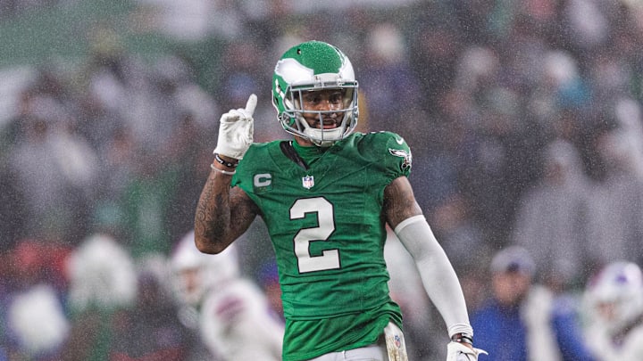 Nov 26, 2023; Philadelphia, Pennsylvania, USA; Philadelphia Eagles cornerback Darius Slay (2) reacts after breaking up a pass play against the Buffalo Bills during the second quarter at Lincoln Financial Field.