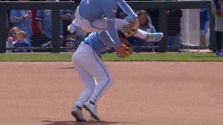 Royals shortstop Bobby Witt Jr. was somehow able keep things together and get an out on this play. Royals shortstop Bobby Witt Jr. was somehow able keep things together and get an out on this play.