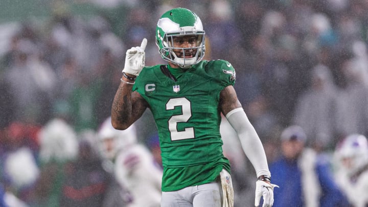 Nov 26, 2023; Philadelphia, Pennsylvania, USA; Philadelphia Eagles cornerback Darius Slay (2) reacts after breaking up a pass play against the Buffalo Bills during the second quarter at Lincoln Financial Field.