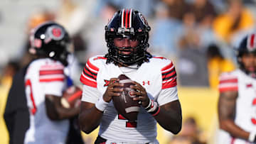 Sep 13, 2025; Laramie, Wyoming, USA; Utah Utes quarterback Devon Dampier (4) before the game against the Wyoming Cowboys at Jonah Field at War Memorial Stadium. Mandatory Credit: Ron Chenoy-Imagn Images