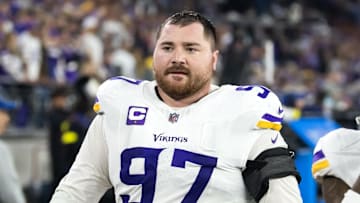 Jan 13, 2025; Glendale, AZ, USA; Minnesota Vikings defensive lineman Harrison Phillips (97) against the Los Angeles Rams during an NFC wild card game at State Farm Stadium. Mandatory Credit: Mark J. Rebilas-Imagn Images