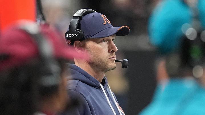 Oct 18, 2026; Atlanta, Georgia, USA;  Chicago Bears head coach Ben Johnson looks on during the second quarter against the Atlanta Falcons at Mercedes-Benz Stadium.  Mandatory Credit: Dale Zanine-Imagn Images